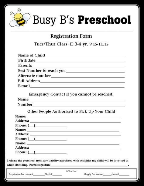 Busy B's Preschool: Registration Form Preschool Registration Form, Permission To Photograph Daycare Form, Daycare Application Forms, Daycare Registration Form, Daycare Incident Report Form, Daycare Contract Forms, Starting Daycare, Daycare Payment Contract, Daycare Paperwork