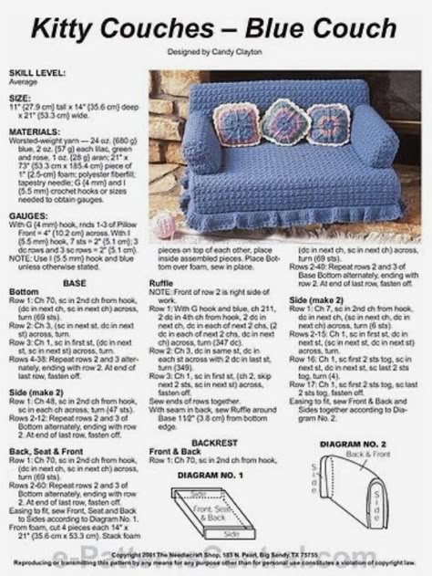 Kitty Couch Crochet Pattern Free, Free Cat Couch Crochet Pattern, Cat Couch Crochet Pattern Free, Crochet Cat Couch Free Pattern, Kitty Couch, Crochet For Pets, Crochet Furniture, Crochet Pets, Crochet Cat Bed