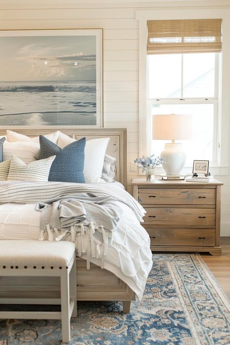 Master Bedrooms Decor Blues, Dusty Blue Bedroom Ideas, Georgetown Homes, Blue And Beige Bedroom, White And Blue Bedroom, Feminine Bedrooms, Modern Coastal Bedroom Ideas, California Coastal Decor, Coastal Bedroom Aesthetic