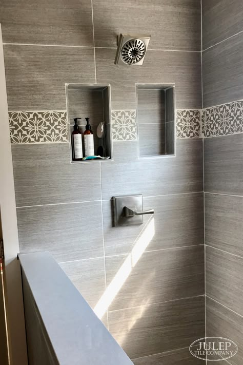 Tile Shower Dark Floor, Best Walk In Shower Design, Unique Tile Shower Ideas, Julep Tile, Modern Shower Design, Rustic Bathroom Remodel, Shower Wall Tile, Shower Tile Ideas, Bathroom Shower Walls