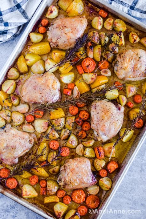 Chicken Thighs with Root Vegetables - Andi Anne Roasted Boneless Chicken Thighs, Sheet Pan Dinners Chicken, Easy Sheet Pan Dinners, Sheet Pan Chicken, Roasted Chicken Thighs, Turkey Pot Pie, Recipe Sheets, Healthy School, Carrots And Potatoes