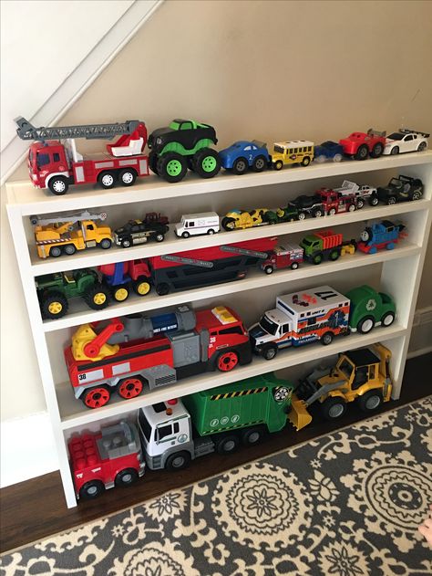 Truck storage Toy Storage Ideas, Boy Toddler Bedroom, Boys Playroom, Toddler Boys Room, Playroom Design, Playroom Organization, Toddler Rooms, Kids Room Organization, Toddler Bedrooms