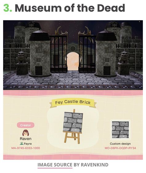 Spooky Museum Animal Crossing, Animal Crossing Ghost Design, Acnh Spooky Entrance Designs, Acnh Spooky Space Fillers, Acnh Graveyard Codes, Acnh Goth Museum, Acnh Citycore Villager Houses, Acnh Gothic Island Layout, Goth Acnh Island Entrance