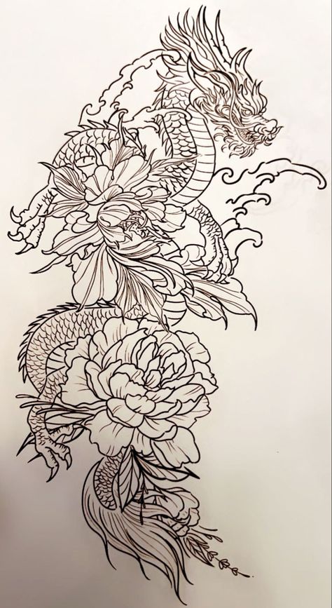 Peonies Sleeve Tattoos For Women, Japanese Carnation Tattoo, Chrysanthemum And Dragon Tattoo, Carnation Flower Tattoo Back, Japanese Dragon And Flowers Tattoo, Dragon With Peonies Tattoo, Dragon And Flower Tattoo Design, Large Tattoo Sketch, Dragon In Flowers Tattoo