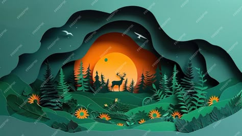 Premium Photo | Paper cut art Green forest and deers wildlife with nature background ecology and environment conservation concept Paper Cut Forest, X Mas Card, Paper Miniatures, Environment Conservation, Art Deco Logo, Layered Paper Art, Fantasy Tree, Jungle Illustration, Paper Cutout Art