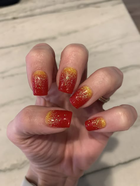 Iowa State Nails Design, Chiefs Inspired Nails, Kc Chiefs Football Nails, Kc Chiefs Game Day Outfit, Usc Nails Design, Kc Nails Kansas City, Kansas City Chiefs Nail Art, Chief Nails Kansas City, Kansas City Nails