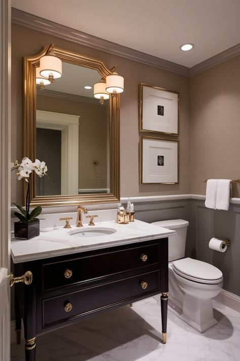 24 Stunning Luxury Powder Room Designs to Elevate Your Home Decor – HomelyTip Cuban Bathroom Decor, Luxury Bathroom Apartment Decor, Bathroom Wc Ideas, Brown Powder Room Ideas, Neoclassical Powder Room, Modern French Country Powder Room, Powder Room Vanities Ideas, Old Money Bathroom Decor, Oak And Gold Bathroom