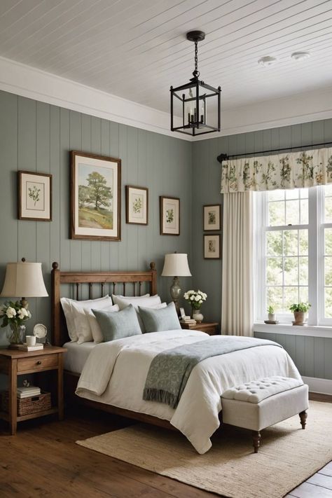 Cottage Interiors Bedroom, Cozy Cottage Bedroom, Country Cottage Bedroom, Casa Country, Cottage Interior, Green Bedroom, Cottage Bedroom, Cottage Interiors, Country Bedroom