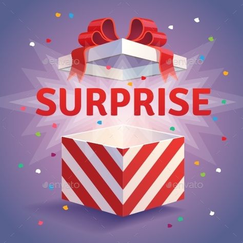 Opened surprise gift box. Red striped and bow tied confetti explosion. Flat style vector illustration isolated on violet backgroun Confetti Explosion, Surprise Images, Surprise Gift Box, Violet Background, Shelf White, Surprise Box Gift, Christmas Vector, Cottage Charm, Game Ui Design