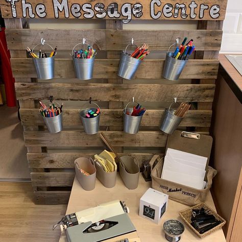 Our message centre to promote writing in EYFS  #eyfs #messagecentre #reggio #writing #purpose #engagement #curiosity Welcome To Reception Class Display, Writing Area Eyfs Mark Making, Writing Provocations Reggio, Writing Provision Eyfs, Snack Area Eyfs, Eyfs Home Corner Ideas, Self Registration Eyfs Ideas, Hessian Classroom Display, Outdoor Christmas Activities