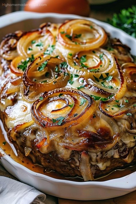 This French Onion Meatloaf is a culinary masterpiece, blending the sweetness of caramelized onions with the hearty texture of meatloaf. A golden crust, with a secret layer of melted cheese within, promises a flavor that's both comforting and sophisticated. Meatloaf Ideas Dinners, 3 Meat Meatloaf, Unique Meals, Cooked Onions, The Best Meatloaf Recipe, French Onion Meatloaf, Savory Meatloaf, Meatloaf Casserole, Diner Ideas