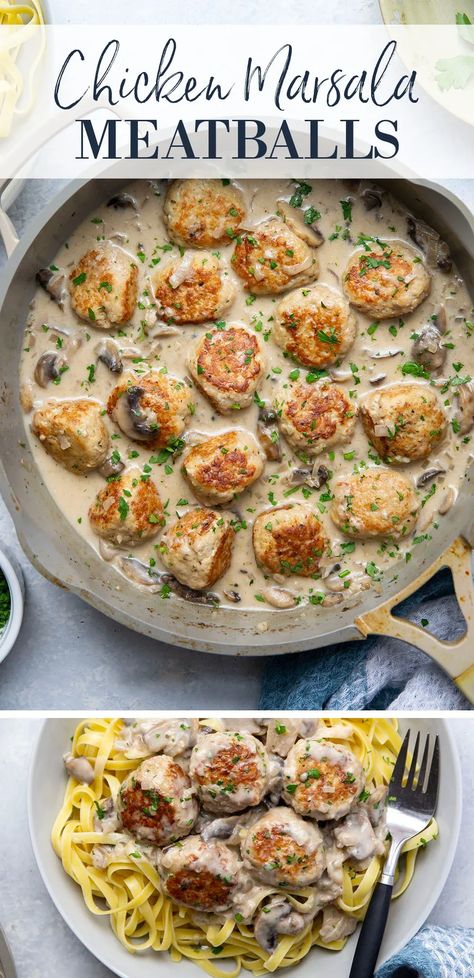 Chicken Marsala Meatballs, Marsala Meatballs, Mushroom Marsala Sauce, Easy Chicken Marsala, Mushroom Marsala, Ground Chicken Meatballs, Spinach Mushroom Pasta, Turkey Meatballs Healthy, Chicken Marsala Easy