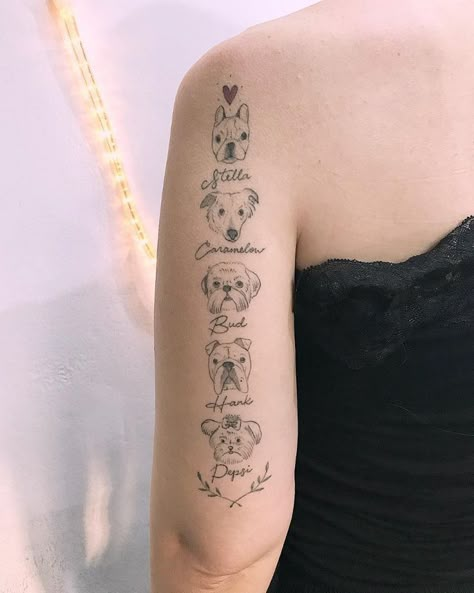 Multi Dog Tattoo, Multiple Dog Tattoo Ideas, Multiple Pet Tattoo Ideas, Portrait Tattoo Sleeve, Tattoo Pet, Dog Portrait Tattoo, Cute Animal Tattoos, Tattoos For Dog Lovers, Dog Memorial Tattoos