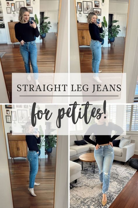 5 Best Straight Leg Jeans for Petites - Lake Shore Lady Classic Straight Leg Jeans Outfits, Short Legs Jeans, Straight Leg Jean Shoes, Straight Jeans For Short Women, Midsize Straight Leg Jeans, Where Should Straight Jeans Hit, Straight Jeans Petite, Straight Leg Jeans Length, Womens Straight Leg Jeans Outfit