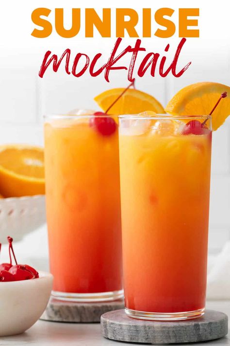 This vibrant and refreshing non-alcoholic Sunrise Mocktail is prepared with just two simple ingredients! It's perfect for brunch or any special occasion and so easy to prepare! Sweet Sunrise Mocktail, Sunrise Drink Recipes, Alcohol Free Mocktail, Sunset Mocktail Recipe, Mocktail Orange Juice, Orange Mocktails Non Alcoholic, Fall Drink Ideas Non Alcoholic, Sunrise Mocktail Recipe, Orange Non Alcoholic Drinks