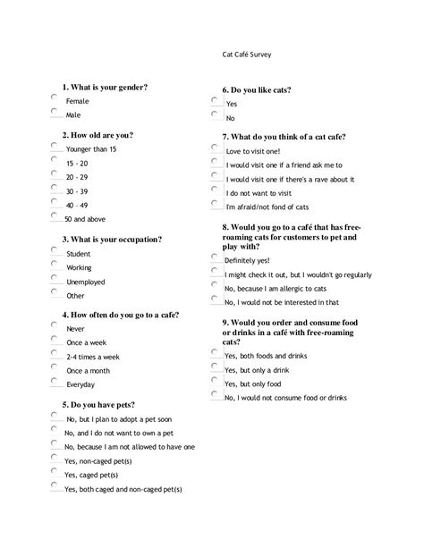 Sample survey questions on Cat Cafe Questionnaire Sample, Survey Questionnaire, Survey Questions, Hanging With Friends, Cat Cafe, Cafe Coffee, Bettering Myself, Reading Material, Market Research