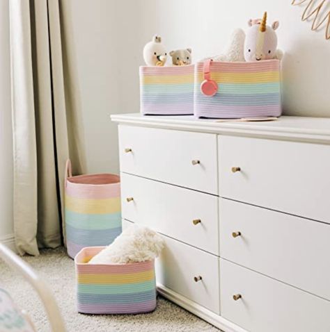 Babies Bedroom, Bedroom Rainbow, Rope Rainbow, Rainbow Room Decor, Nursery Storage Baskets, Storage Baskets For Shelves, Room Decor For Girls, Rainbow Bedroom, Unicorn Decor