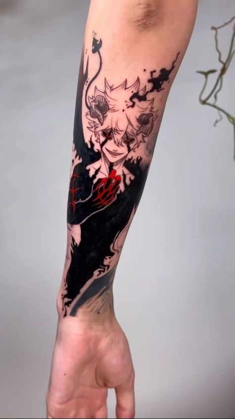 Anime Tattoos Forearm, Black Clover Anime Tattoo, Asta Tattoo, Black Clover Tattoo Ideas, Fire Force Tattoo, Black Clover Tattoo, Unique Half Sleeve Tattoos, 42 Tattoo, Emo Tattoos