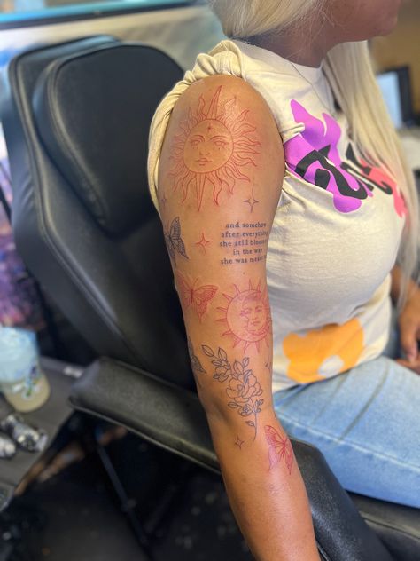 Arm Tattoos For Black Women Tat, Red And Black Tattoo Sleeve Woman, Cute Quarter Sleeve Tattoos For Women, Sleeve Space Fillers, Full Arm Tattoos For Women Aesthetic, Inner Arm Tattoos Black Women, Red Sleeve Tattoo Black Women, Black And Red Arm Sleeve Tattoo, Red And Black Arm Sleeve