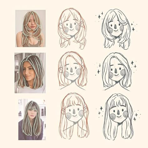 Character Drawing Styles, Hairstyles For Very Straight Hair, How To Draw Cute Characters, Straight Hair Reference Drawing, Character Ideas Drawing Inspiration, How To Draw Straight Hair, Straight Hair Drawing Reference, Drawing How To, How To Draw Cartoon Hair