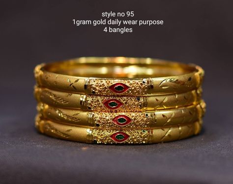 RS 1700 /- Stunning one gram gold bangle set studded with pink and green color stones. Daily   wear bangles. 24 July 2019 Daily Wear Gold Bangles Indian, Daily Use Gold Bangles Indian, Solid Gold Bangle, Gold Kada, Pearl Bangles, Beautiful Diamond Necklace, Gold Bangles Indian, Necklace Pendent, Simple Gold Earrings