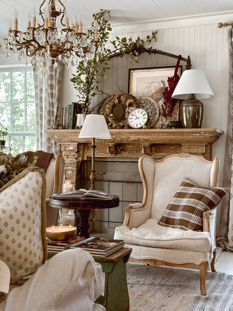 Decor With Crystals, Elegant Fall Decor, Liz Marie, Liz Marie Blog, Fresh Farmhouse, Fireplace Mantle Decor, Fall Mantel, Elegant Fall, French Cottage