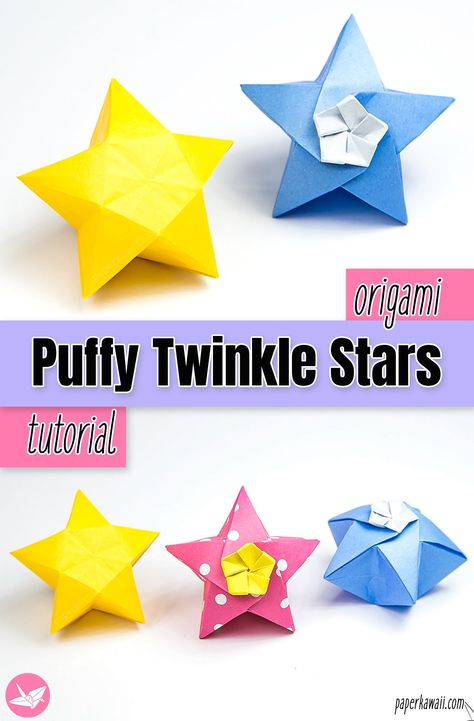 origami-twinkle-star-tutorial-paper-kawaii-pin Origami With Square Paper, Simple Oragami, Origami Spaceship, Origami Stars Step By Step, Oragami Star, Paper Stars Tutorial, Oragami Ideas Cute, Origami 3d Star, Moon Origami