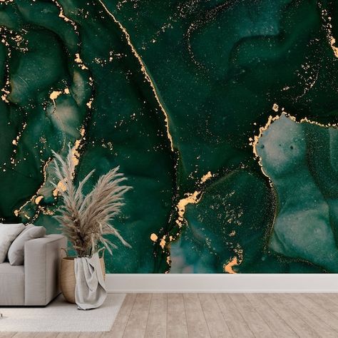 Malachite Wallpaper, Gold Marble Wallpaper, Marble Wall Mural, Dark Green Wallpaper, Dark Steel, Home Interior Ideas, Marble Wallpaper, Marble Wall, Alcohol Ink Art