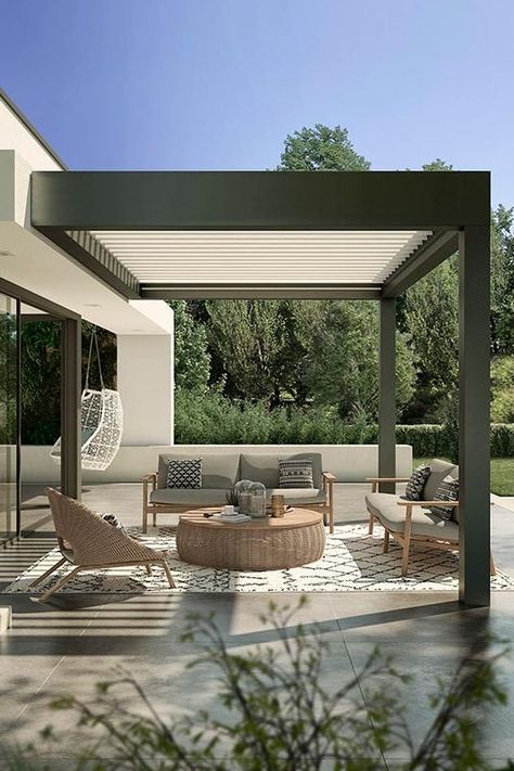 Bioclimatic Pergola with Louvered Roof | R-BLADE™ by Azenco Pergola Modern, Modern Pergola Designs, Louvered Roof, Bioclimatic Pergola, Modern Gazebo, Roof Garden Design, Rooftop Terrace Design, Rooftop Design, Modern Pergola