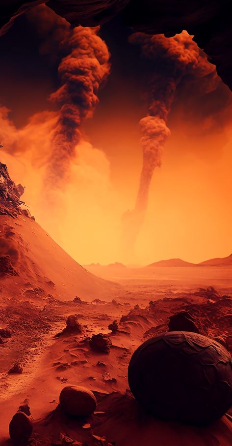 This striking image captures the fiery landscape of Mars, a seemingly endless expanse of red desolation with massive tornadoes swirling in the background. It's as if you've been transported to the gates of Hell, witnessing the power of the planet's violent dust storms. The image is a testament to the raw beauty and harsh reality of our neighboring planet. #Mars #redplanet #space #astronomy #cosmology #planet #imagination #cosmos #universe #iphonewallpaper Mars Sci Fi, Mars Planet Wallpaper, Mars Planet Aesthetic, Mars Background, Mars Alien, Mars Landscape, Mars Aesthetic, Mars Wallpaper, Dead Forest