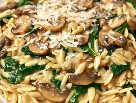 Garlic Parmesan Orzo with Spinach and Mushrooms Orzo With Spinach And Mushrooms, Creamy Mushroom Spinach Orzo, Creamy Mushroom Orzo, Orzo And Spinach Recipes, Spinach Mushroom Orzo, Mushroom Spinach Orzo, Orzo Parmesan, Garlic Parmesan Orzo, Orzo With Spinach