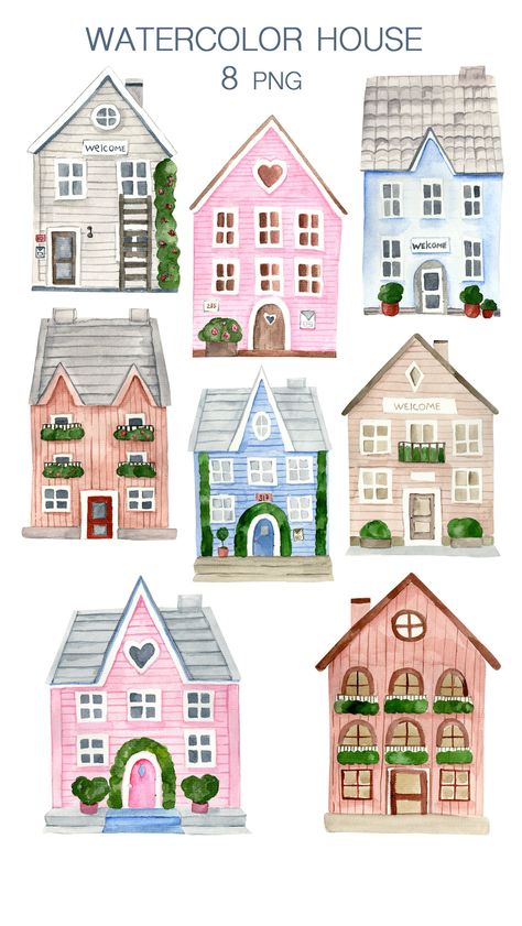 Houses Watercolor Painting, Pink House Drawing, House Watercolor Illustration, Pink House Illustration, Simple House Illustration, House Cartoon Illustrations, Watercolor House Painting Simple, Doll House Drawing, Watercolor Art House