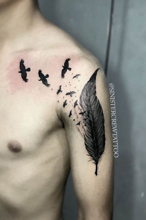 Niklaus Mikaelson Tattoo, Mens Bird Tattoo Ideas, Feather To Birds Tattoo, Feather Birds Tattoo Design, Joseph Morgan Tattoo, Feather Into Birds Tattoo, Feather Tattoo Shoulder, Crow Tattoo Design Ravens, Small Viking Tattoos For Men