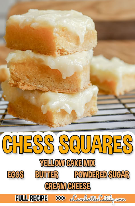 chess squares, with ingredient list. Easy Chess Bars, Chess Cake Squares, Cream Cheese Squares Yellow Cake Mixes, Chess Cake Recipe Easy, Chess Cake Recipe, Chess Squares Easy, Chess Squares Recipe, Pecan Squares, Key Lime Cheesecake Recipe