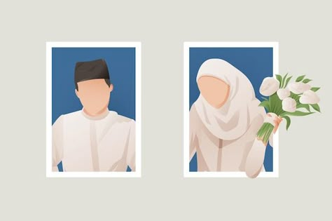 Vector islamic wedding couple | Premium Vector #Freepik #vector #muslim-bride #wedding-cartoon #groom #wedding-couple Foto Wedding Muslim, Muslim Couple Illustration Wedding, Muslim Wedding Couple, Wedding Couple Illustration, Bride Cartoon, Marriage Muslim, Arabian Theme, Wedding Cartoon, Wedding Illustration Card