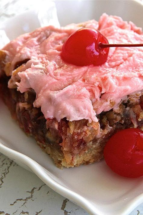 Cherry Squares Recipe, Cherry Squares, Cherry Frosting, Dessert Squares, Cherry Bars, Bars And Squares, Blondies Bars, Square Recipes, Cherry Desserts