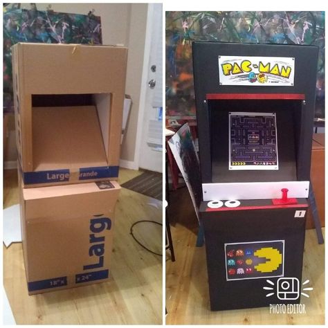 Arcade Box Diy, Arcade Decorations Diy, Arcade Game Party Decorations, Video Game Halloween Decorations, Arcade Theme Trunk Or Treat, Level Up Decorations, Arcade Valentines Boxes, 80s Video Games Party Ideas, Arcade Trunk Or Treat