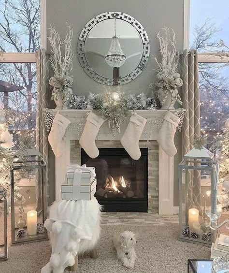 Christmas Decor. White Silver. Christmas Fireplace Decorations, Fireplace Decorations, Christmas Mantel Decor, Christmas Fireplace Decor, Glam Christmas, Christmas Mantel Decorations, Christmas Mantel, Aesthetic Cozy, White Christmas Decor