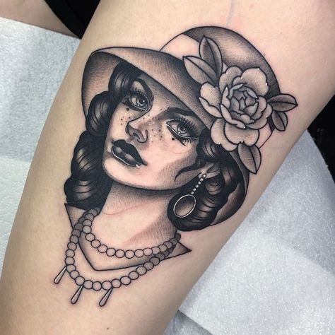 Lady Head Tattoo Traditional, 50s Tattoo, Flapper Tattoo, Traditional Tattoo Girls, Traditional Tattoo Woman, Female Tattoo Artist, Amsterdam Tattoo, Traditional Style Tattoo, Bull Tattoos