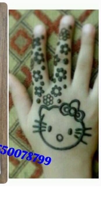 Kids Hello Kitty design mehndi Hello Kitty Mehndi Design, Mehendi Designs For Baby Hands, Henna Designs Hello Kitty, Hello Kitty Henna Design, Cartoon Mehndi Designs For Kids, Cute Mehandi Designs For Kids, Cute Mehendi Designs For Kids, Kids Mehndi Designs Children, Mehandi For Kids