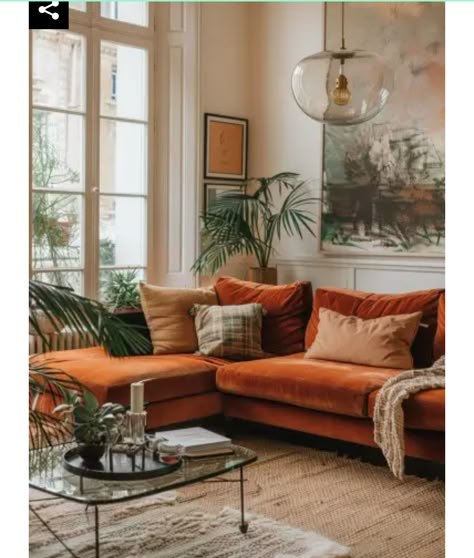 Burnt Orange Living Room, British Decor, Orange Couch, Soft Autumn Color Palette, Cozy Living Room Ideas, Sage Green Bedroom, Autumn Color Palette, Living Room Orange, Living Room Warm