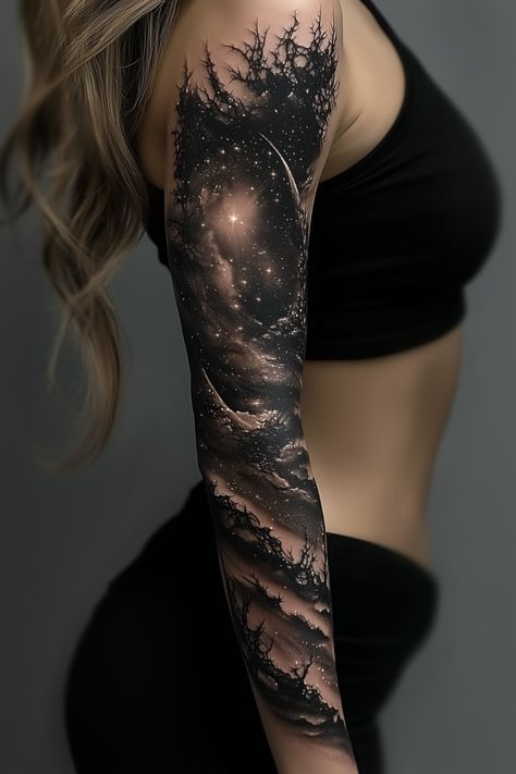 Women Dragon Sleeve Tattoo, Galaxy Hand Tattoos For Women, Tattoo Covered Women, Night Sky Tattoo Sleeve Stars, Night Sky Back Tattoo, Galaxy Leg Tattoo, Celestial Leg Sleeve Tattoo, Universe Tattoos For Women, Night Sky Tattoos For Women