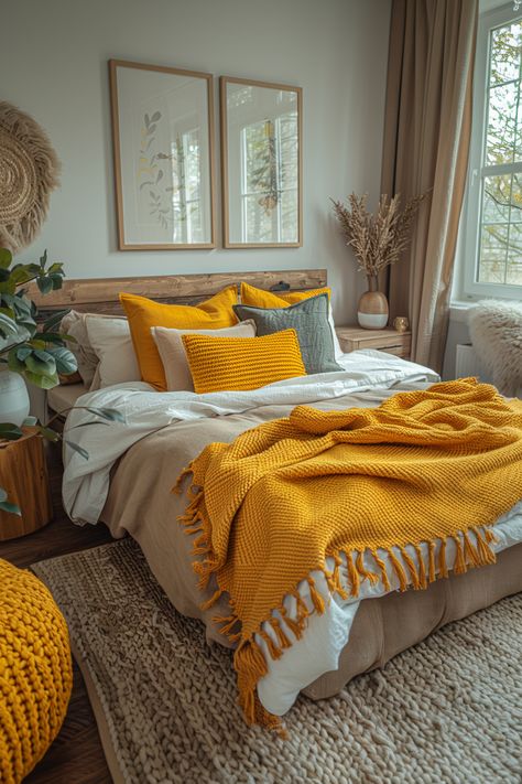 Bedroom Pop Of Color Ideas, Yellow Comforter Bedroom Ideas, Neutral Bedroom Ideas With Pop Of Color, Yellow House Interior, Neutral Bedroom With Pop Of Color, Bedroom With Yellow Accents, Yellow And Green Bedroom, Cute Cozy Bedroom Ideas, Cozy Colorful Bedroom