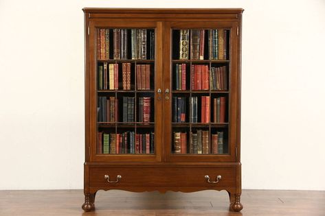 Bookshelf With Glass Doors, Door Bookshelf, Leaded Glass Doors, Antique Bookshelf, Antique Library, Leaded Glass Door, Old Bookcase, Mahogany Bookcase, Walnut Bookcase