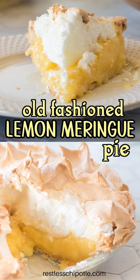 You’ll love the ultimate blend of tangy and sweet with this old-fashioned Lemon Meringue Pie! Boasting a sky-high fluffy meringue, rich lemony custard, and a scratch-made crust (or use refrigerated - I won't tell), it's the ideal treat for any event - from spring parties to summer potlucks. Discover easy steps to create this delightful dessert and tips to prevent the meringue from weeping. Perfect Lemon Meringue Pie, Martha Stewart Lemon Meringue Pie, Crustless Lemon Pie, Creamy Lemon Meringue Pie, No Fail Meringue For Pies, Crustless Lemon Meringue Pie, Southern Lemon Pie, Old Fashion Lemon Meringue Pie, Lemon Merang Pie Recipe Easy