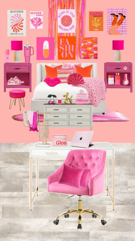 pink and orange room 🩷🧡 #pink #pinkpreppy #hotpink #orange #pinkandorange #orangeandpink #orangepreppy #bedroom #room #roominspo #preppyroom Pink And Orange Room, Clemson Dorm, Pink And Orange Bedroom, Orange Room Decor, Preppy Bedroom Ideas, Preppy Dorm Room Decor, Hot Pink Room, Hot Pink Bedrooms, Pretty Dorm Room