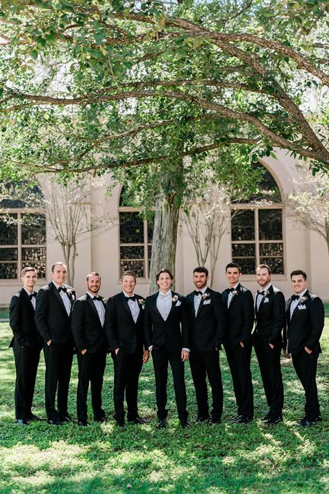 Black Tuxedo Groom And Groomsmen, Groom And Groomsmen Tuxedo, Black Tux Wedding Party, Wedding Party Photoshoot, Black Tuxedo Wedding Groomsmen, Groomsmen Outfits Black, Groomsmen Tuxedos Black, Groom And Groomsmen Attire Black, All Black Groomsmen Attire