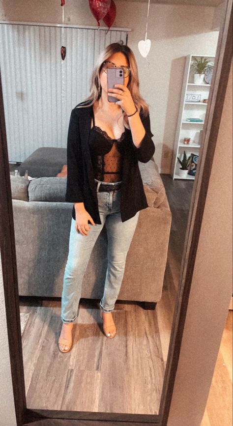 Lace And Blazer Outfit, Lace Top And Blazer Outfit, Lace Bodysuit Blazer Outfit, Blazer Bodysuit Outfit, Lacy Body Suit Outfit, Black Body Suit Outfit Jeans, Lace Bodysuit Outfit Jeans, Body Suit Outfits Night Out, Black Lace Bodysuit Outfit