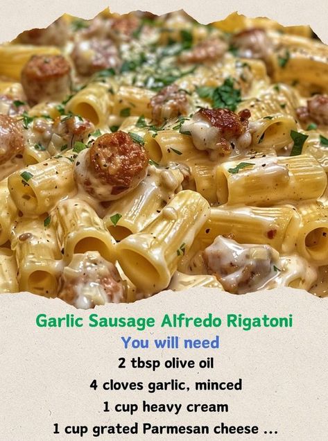 Garlic Sausage Alfredo Rigatoni... - Alexander's Recipes Alfredo Rigatoni, Pasta Recipes With Sausage, Creamy Rigatoni, Alfredo Pasta Recipes, Rigatoni Pasta Recipes, Recipes With Sausage, Sausage Alfredo, Skinless Chicken Breast Recipes, Sausage Rigatoni