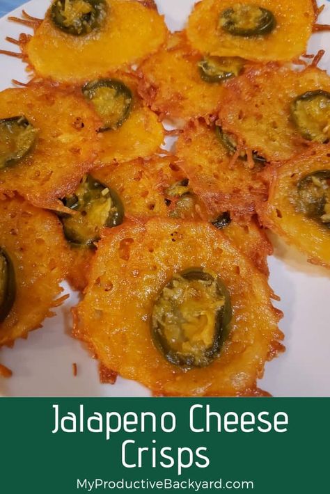 Jalapeno Cheese Crisps are the perfect blend of cheesy and spicy, chewy and crispy! Just 5 minutes to prep and 10-12 minutes to bake! #Keto #LowCarb #LCHF #KetoDiet #MyProductiveBackyard #glutenfree #ketogenicdiet #lowcarbhighfat #Ketorecipes #Lowcarbrecipes #cheese #cheesesnacks #snacks #appetizers Jalapeno Cheese Crisps, Jack Snacks, Jalapeno Chips, Cheesy Appetizer, Making Grilled Cheese, Jalapeno Cheese, Cheese Chips, Easy Keto Recipes, Cheese Crisps